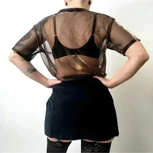 Vintage 90s Velour Velvet grungy Black Skirt - Picture 3 of 8